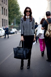 MILAN-FASHION-WEEK-STREET-STYLE-SS-2013-SPRING-SUMMER-2013-GRAPHIC-PRINT-SWEATER-HOUNDSTOOTH-MIDI-PENCIL-SKIRT-ANKLE-BOOTS-CELINE-LUGGAGE-TOTE-BAG-GOLD-CHAIN-NECKLACE-OVERSIZED-SUNGLASSES-VIA-HARPERS-BAZAAR